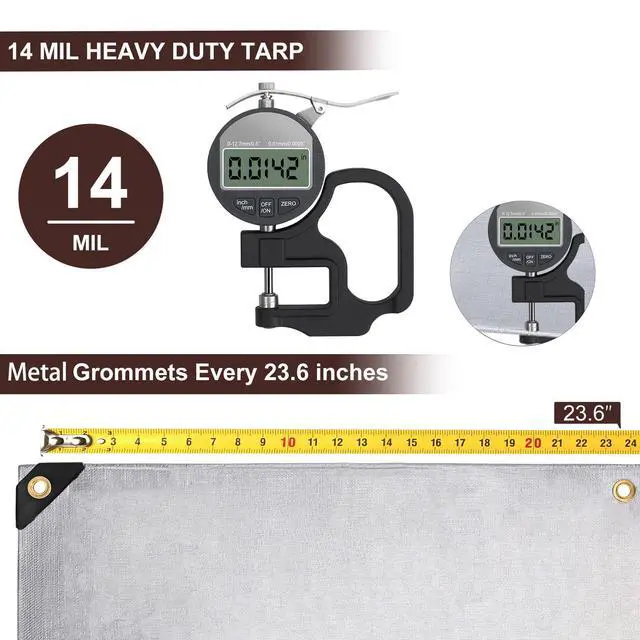 Alt view image 2 of 7 - Tarp Waterproof 10x20Ft, Heavy Duty Tarp Cover Extra Thick 14 Mil Tear and UV Resistant, Outdoor Tarps with Grommets and Reinforced Edges for Roof, Camping, Patio, Pool, Boat (Silver/Brown)