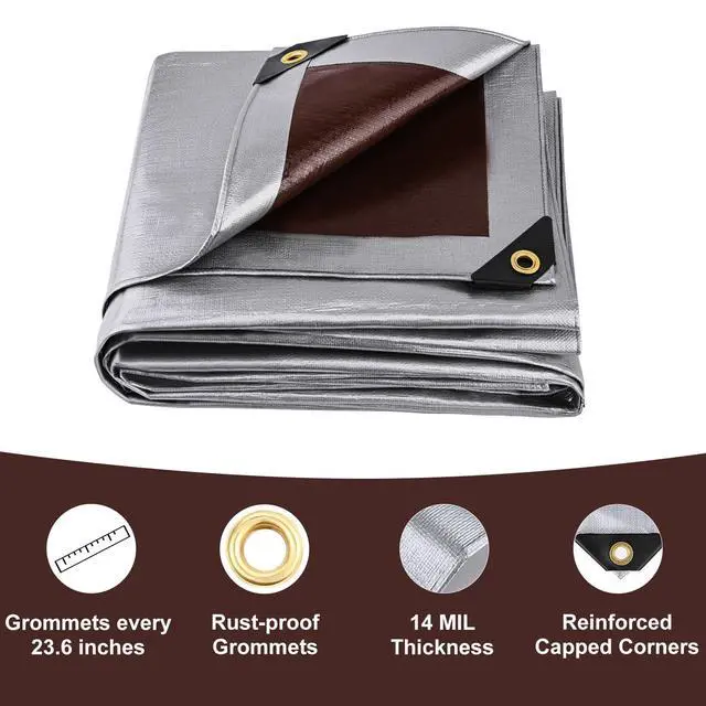 Alt view image 4 of 7 - Tarp Waterproof 10x20Ft, Heavy Duty Tarp Cover Extra Thick 14 Mil Tear and UV Resistant, Outdoor Tarps with Grommets and Reinforced Edges for Roof, Camping, Patio, Pool, Boat (Silver/Brown)