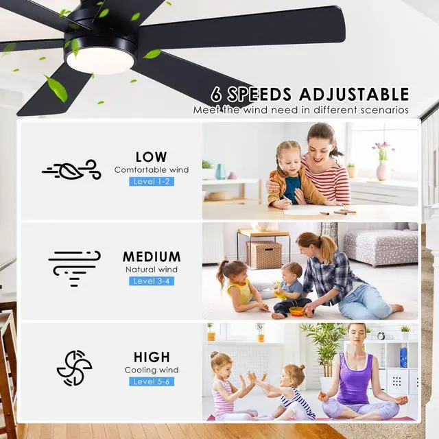 Alt view image 4 of 7 - 46"Black 6-Blade Modern Low Profile Ceiling Fan with Light and Remote | 6 Double-Sided Blades,6 Wind Speeds, Reversible,Dimmable 3 CCT LED Light, 25W Quiet DC Motor,1/2H Timer,for Bedroom Kitchen