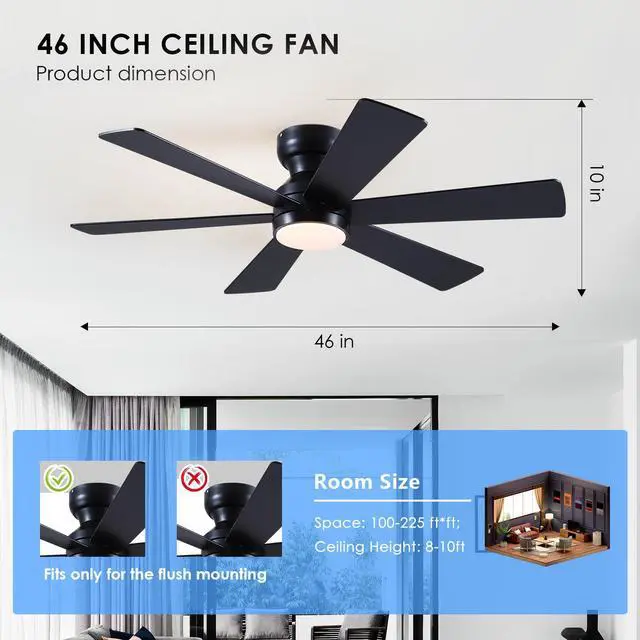 Alt view image 5 of 7 - 46"Black 6-Blade Modern Low Profile Ceiling Fan with Light and Remote | 6 Double-Sided Blades,6 Wind Speeds, Reversible,Dimmable 3 CCT LED Light, 25W Quiet DC Motor,1/2H Timer,for Bedroom Kitchen
