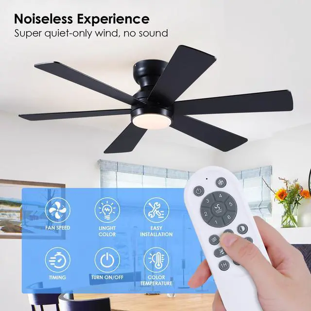 Alt view image 6 of 7 - 46"Black 6-Blade Modern Low Profile Ceiling Fan with Light and Remote | 6 Double-Sided Blades,6 Wind Speeds, Reversible,Dimmable 3 CCT LED Light, 25W Quiet DC Motor,1/2H Timer,for Bedroom Kitchen