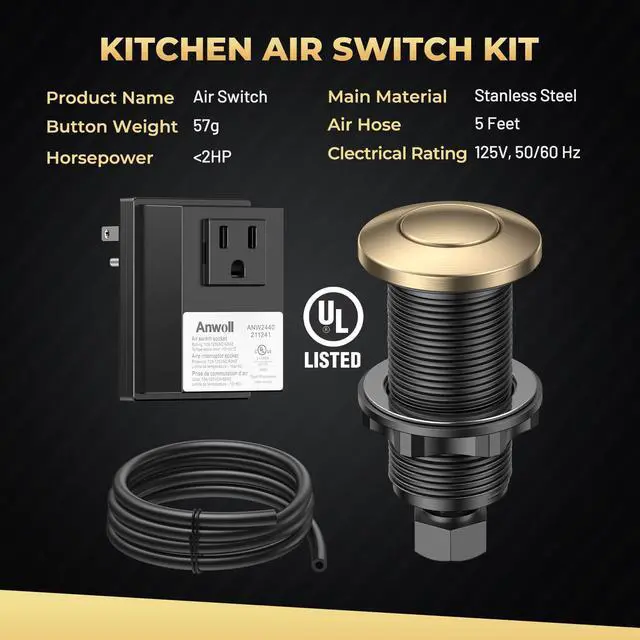 Alt view image 3 of 7 - Garbage Disposal Air Switch Kit - UL Listed Wireless Sink Top Button, Champagne Bronze Finish, Compatible with Delta Faucet Champagne Bronze, Universal Design for All Garbage Disposals