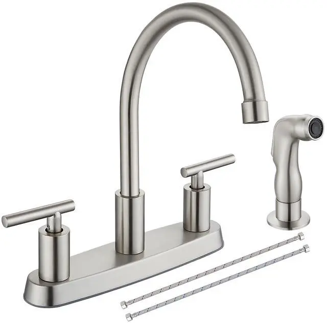 Main image of Kitchen Faucet with Side Sprayer, 2-Handle 4 Hole, Brushed Nickel | Lead-Free Modern 8-Inch Centerset Kitchen Sink Faucet, High-Arc 360° Swivel Spout, 1.8 GPM, SUS304 Stainless Steel