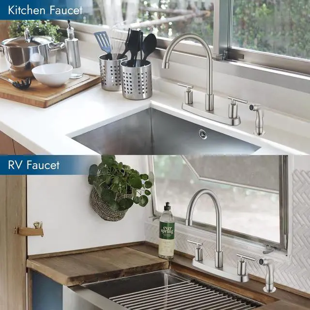 Alt view image 2 of 7 - Kitchen Faucet with Side Sprayer, 2-Handle 4 Hole, Brushed Nickel | Lead-Free Modern 8-Inch Centerset Kitchen Sink Faucet, High-Arc 360° Swivel Spout, 1.8 GPM, SUS304 Stainless Steel
