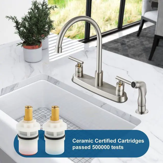 Alt view image 3 of 7 - Kitchen Faucet with Side Sprayer, 2-Handle 4 Hole, Brushed Nickel | Lead-Free Modern 8-Inch Centerset Kitchen Sink Faucet, High-Arc 360° Swivel Spout, 1.8 GPM, SUS304 Stainless Steel