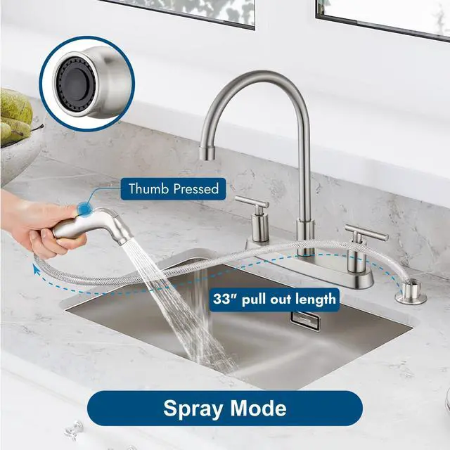 Alt view image 4 of 7 - Kitchen Faucet with Side Sprayer, 2-Handle 4 Hole, Brushed Nickel | Lead-Free Modern 8-Inch Centerset Kitchen Sink Faucet, High-Arc 360° Swivel Spout, 1.8 GPM, SUS304 Stainless Steel