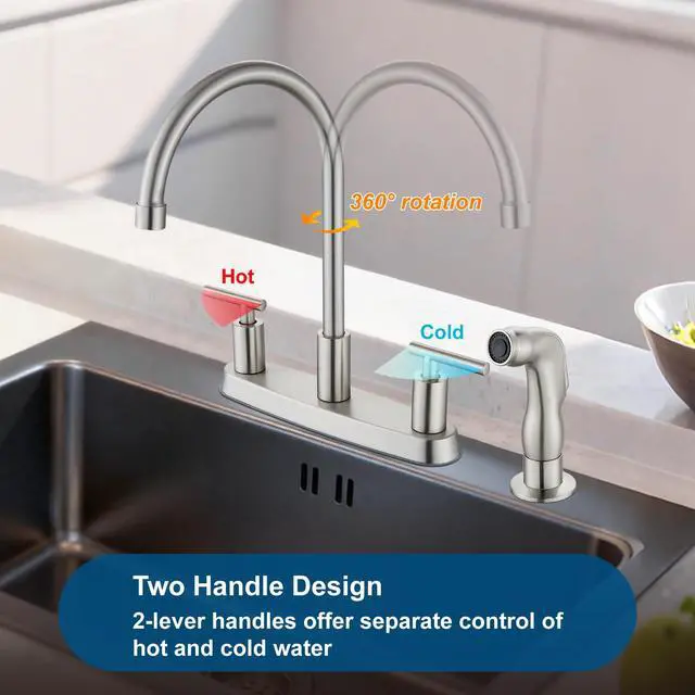 Alt view image 5 of 7 - Kitchen Faucet with Side Sprayer, 2-Handle 4 Hole, Brushed Nickel | Lead-Free Modern 8-Inch Centerset Kitchen Sink Faucet, High-Arc 360° Swivel Spout, 1.8 GPM, SUS304 Stainless Steel