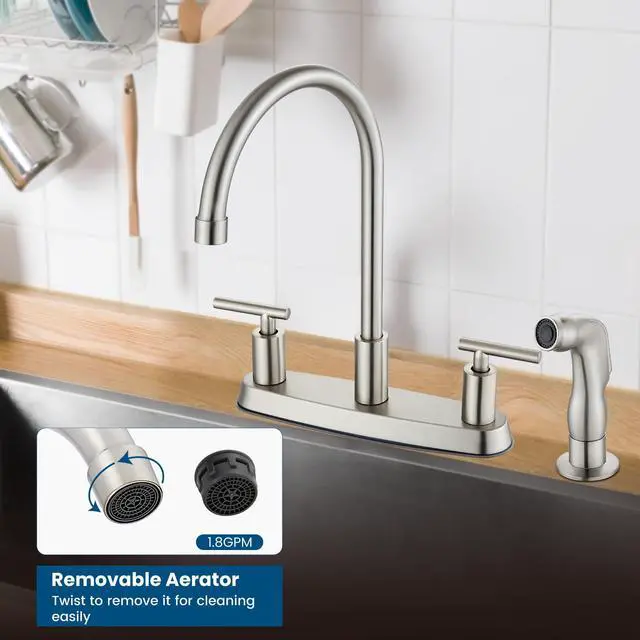 Alt view image 7 of 7 - Kitchen Faucet with Side Sprayer, 2-Handle 4 Hole, Brushed Nickel | Lead-Free Modern 8-Inch Centerset Kitchen Sink Faucet, High-Arc 360° Swivel Spout, 1.8 GPM, SUS304 Stainless Steel