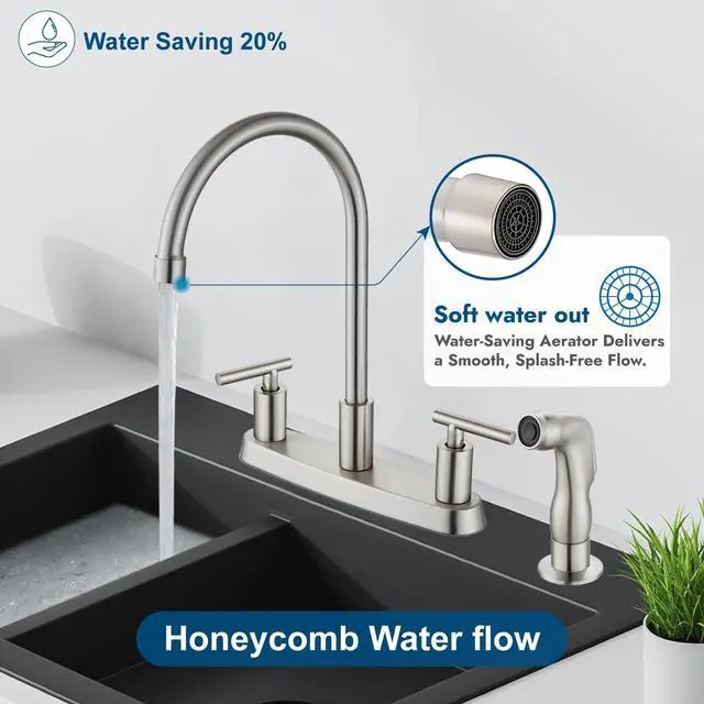 Alt view image 6 of 7 - Kitchen Faucet with Side Sprayer, 2-Handle 4 Hole, Brushed Nickel | Lead-Free Modern 8-Inch Centerset Kitchen Sink Faucet, High-Arc 360° Swivel Spout, 1.8 GPM, SUS304 Stainless Steel