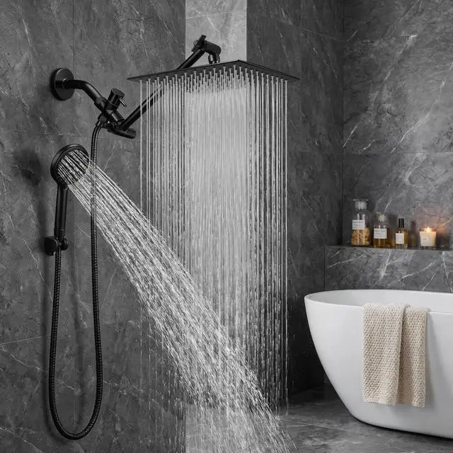 Alt view image 2 of 7 - Shower Head, 8'' High Pressure Rainfall/Handheld Shower Combo, Matte Black | 9 Settings, Anti-leak Shower Head with 11'' Extension Arm, Holder, Hose, Height/Angle Adjustable Shower, 1.75GPM