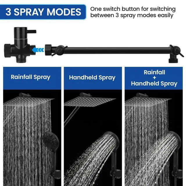 Alt view image 5 of 7 - Shower Head, 8'' High Pressure Rainfall/Handheld Shower Combo, Matte Black | 9 Settings, Anti-leak Shower Head with 11'' Extension Arm, Holder, Hose, Height/Angle Adjustable Shower, 1.75GPM