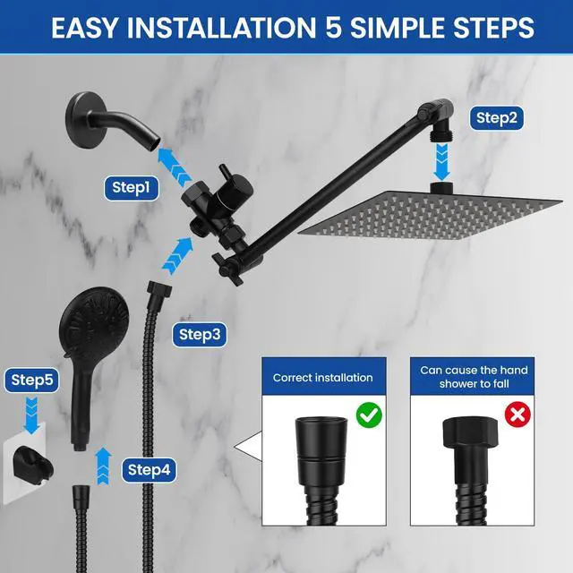 Alt view image 6 of 7 - Shower Head, 8'' High Pressure Rainfall/Handheld Shower Combo, Matte Black | 9 Settings, Anti-leak Shower Head with 11'' Extension Arm, Holder, Hose, Height/Angle Adjustable Shower, 1.75GPM