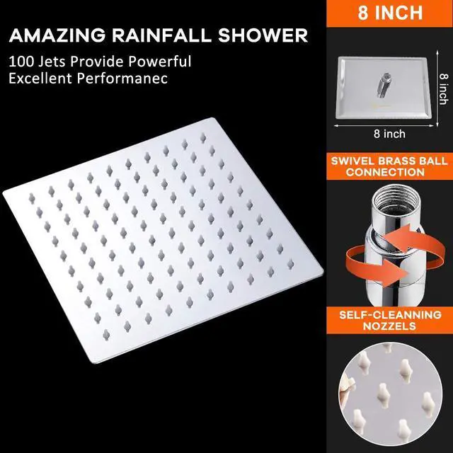 Alt view image 3 of 7 - Rain Shower Head, High Flow Stainless Steel Square Rainfall Shower, High Pressure Design, Awesome Shower Experience Even At Low Water Flow (8 Inch, Chrome Finish)