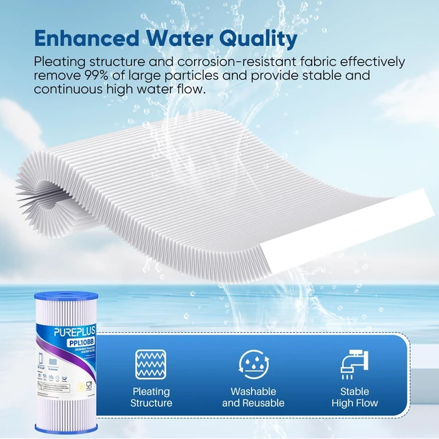 Alt view image 6 of 7 - 5 Micron 10" x 4.5" Whole House Pleated Sediment Filter,4 Pack PPL10BB Replacement Cartridge for GE FXHSC, Culligan R50-BBSA, Pentek R50-BB, DuPont WFHDC3001, W50PEHD, GXWH40L