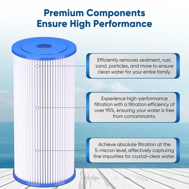 Alt view image 5 of 7 - 5 Micron 10" x 4.5" Whole House Pleated Sediment Filter,4 Pack PPL10BB Replacement Cartridge for GE FXHSC, Culligan R50-BBSA, Pentek R50-BB, DuPont WFHDC3001, W50PEHD, GXWH40L
