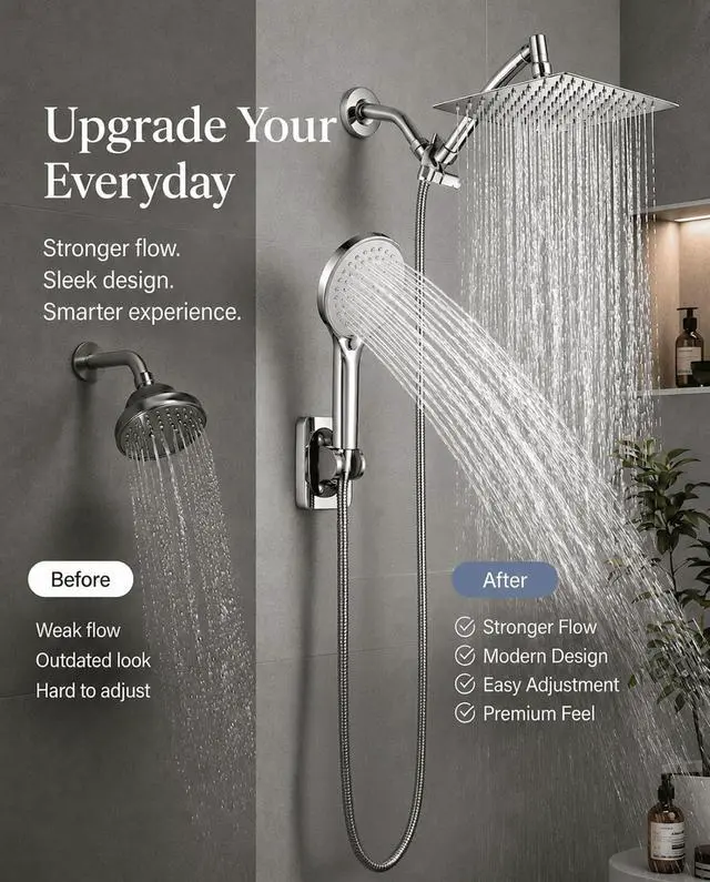 Alt view image 2 of 7 - 10 Inch Rainfall Shower Head with Handheld Combo and Extension Arm | Large rainfall shower head set with handheld sprayer, 11 inch adjustable arm, 59 inch hose, standard 1/2 inch wall connection
