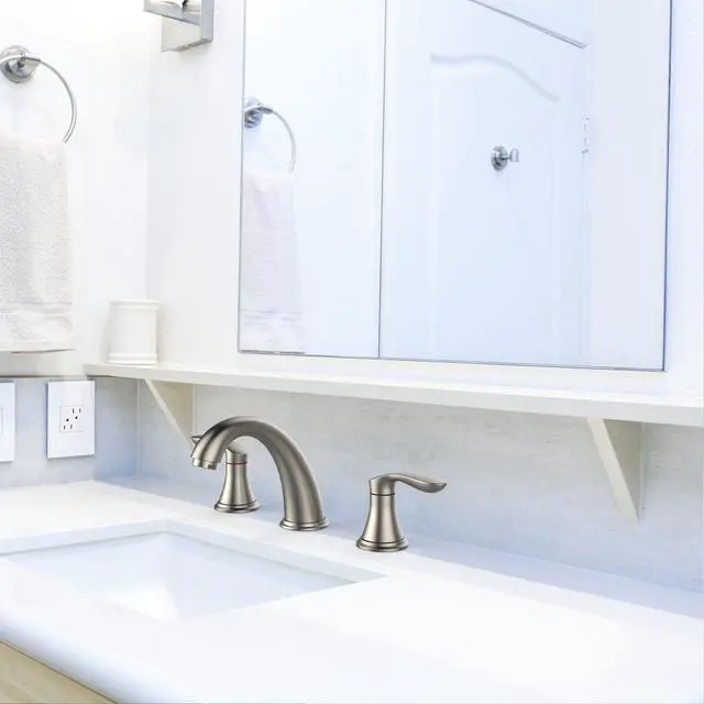 Alt view image 2 of 6 - Bathroom Sink Faucet, Faucet for Bathroom Sink, Widespread Brushed Nickel Bathroom Faucet 3 Hole with Stainless Steel Pop Up Drain and cUPC Lead-Free Hose - (Brushed Nickel)