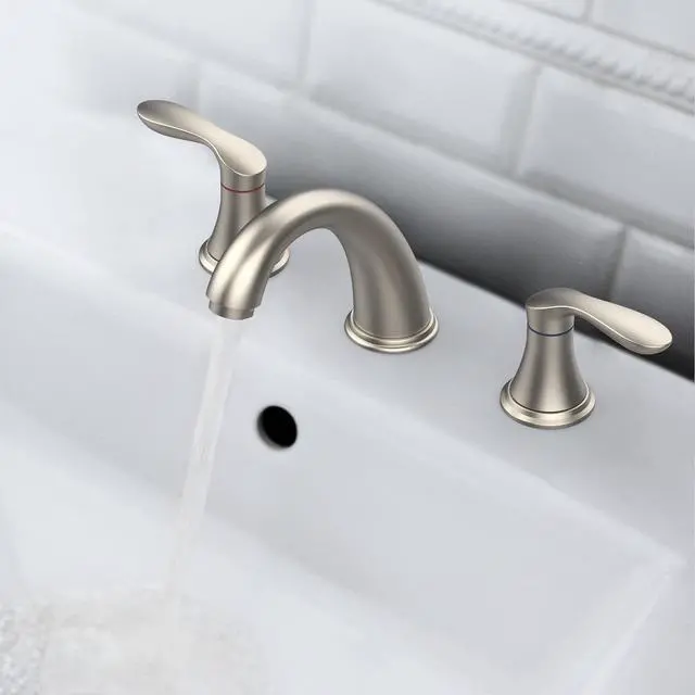 Alt view image 6 of 6 - Bathroom Sink Faucet, Faucet for Bathroom Sink, Widespread Brushed Nickel Bathroom Faucet 3 Hole with Stainless Steel Pop Up Drain and cUPC Lead-Free Hose - (Brushed Nickel)