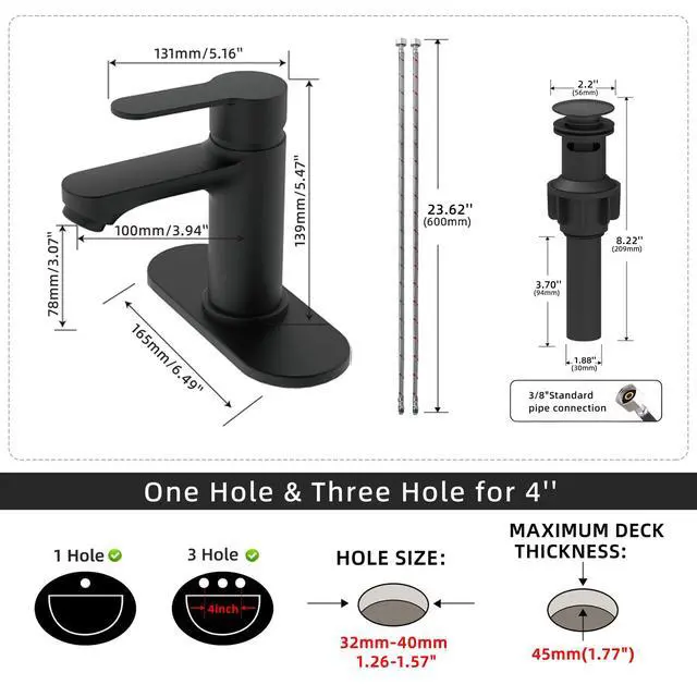 Alt view image 2 of 7 - Black Bathroom Faucet, Lead-Free for 1 or 3 Hole 4" Vanity Sink | NSF372 Compliant,Anti-peeling PVD Finish,Includes Pop-up Drain & Hoses,Single Handle Modern Design, Easy DIY Install