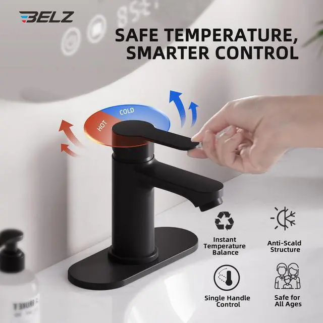 Alt view image 3 of 7 - Black Bathroom Faucet, Lead-Free for 1 or 3 Hole 4" Vanity Sink | NSF372 Compliant,Anti-peeling PVD Finish,Includes Pop-up Drain & Hoses,Single Handle Modern Design, Easy DIY Install