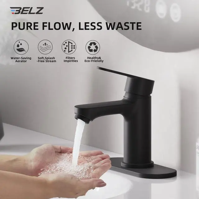 Alt view image 4 of 7 - Black Bathroom Faucet, Lead-Free for 1 or 3 Hole 4" Vanity Sink | NSF372 Compliant,Anti-peeling PVD Finish,Includes Pop-up Drain & Hoses,Single Handle Modern Design, Easy DIY Install