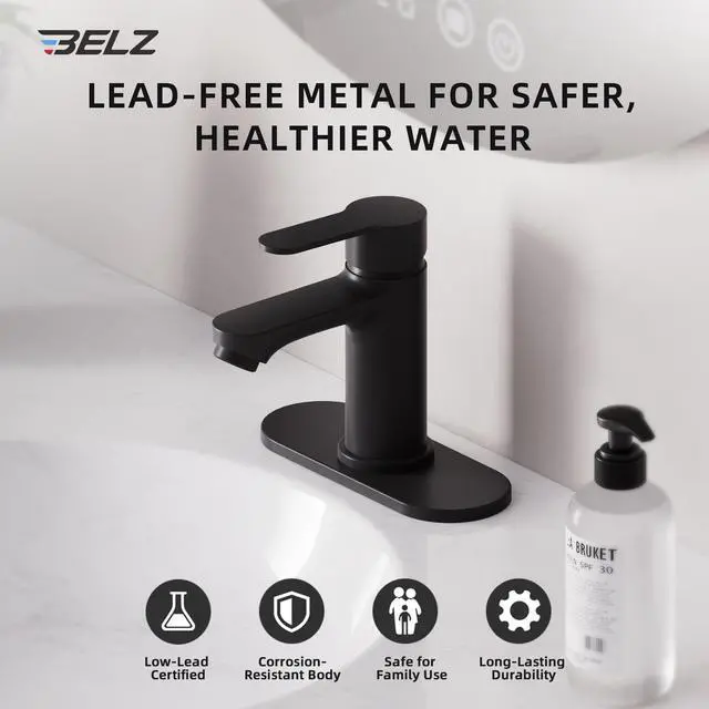 Alt view image 7 of 7 - Black Bathroom Faucet, Lead-Free for 1 or 3 Hole 4" Vanity Sink | NSF372 Compliant,Anti-peeling PVD Finish,Includes Pop-up Drain & Hoses,Single Handle Modern Design, Easy DIY Install