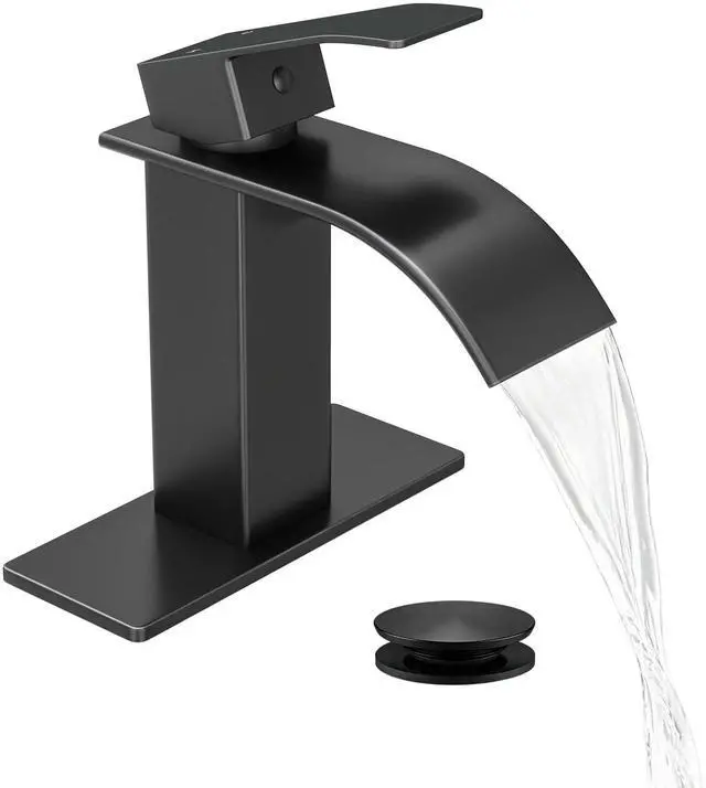 Main image of Waterfall Single Handle Bathroom Sink Faucet with Drain Black | Matte Black Vanity Faucet with Pop-up Drain, Ceramic Valve, for 1 or 3 Hole Modern Bathrooms