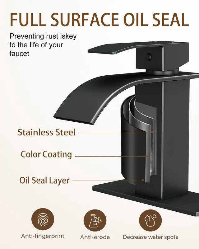 Alt view image 2 of 7 - Waterfall Single Handle Bathroom Sink Faucet with Drain Black | Matte Black Vanity Faucet with Pop-up Drain, Ceramic Valve, for 1 or 3 Hole Modern Bathrooms