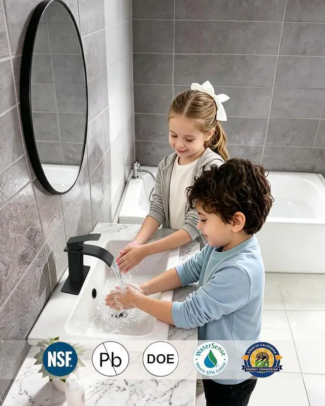 Alt view image 3 of 7 - Waterfall Single Handle Bathroom Sink Faucet with Drain Black | Matte Black Vanity Faucet with Pop-up Drain, Ceramic Valve, for 1 or 3 Hole Modern Bathrooms
