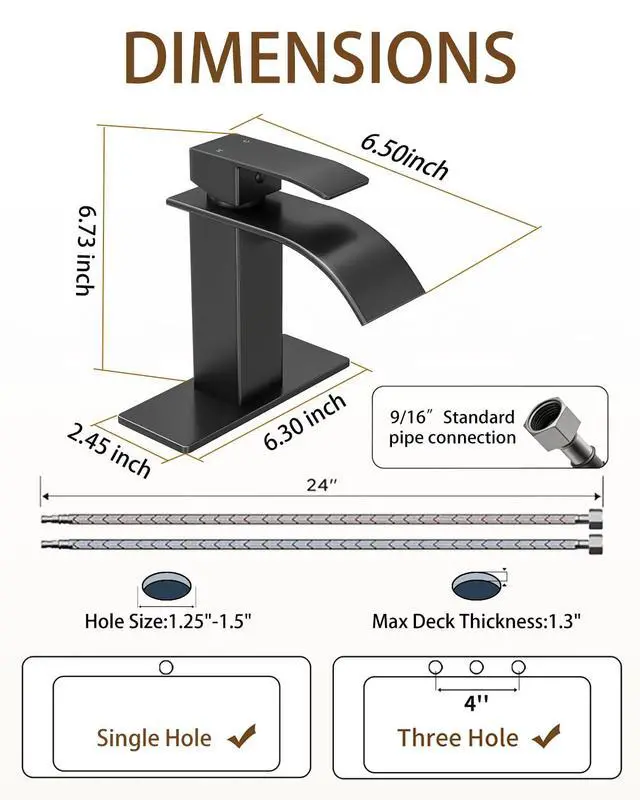 Alt view image 5 of 7 - Waterfall Single Handle Bathroom Sink Faucet with Drain Black | Matte Black Vanity Faucet with Pop-up Drain, Ceramic Valve, for 1 or 3 Hole Modern Bathrooms