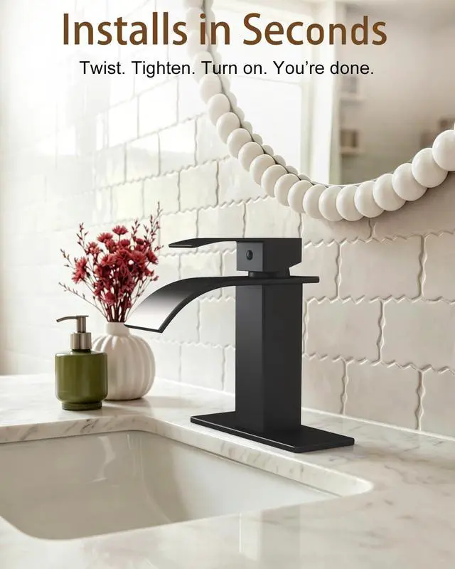 Alt view image 7 of 7 - Waterfall Single Handle Bathroom Sink Faucet with Drain Black | Matte Black Vanity Faucet with Pop-up Drain, Ceramic Valve, for 1 or 3 Hole Modern Bathrooms