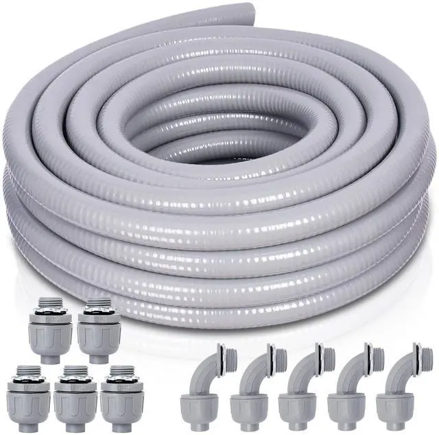 Main image of Liquid-Tight Conduit and Connector Kit - 1/2 Inch 25 FT Non Metallic Liquid Tight Electrical Conduit with 5 Straight and 5 Angle Fittings