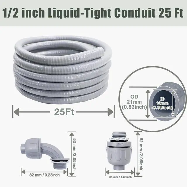 Alt view image 2 of 7 - Liquid-Tight Conduit and Connector Kit - 1/2 Inch 25 FT Non Metallic Liquid Tight Electrical Conduit with 5 Straight and 5 Angle Fittings