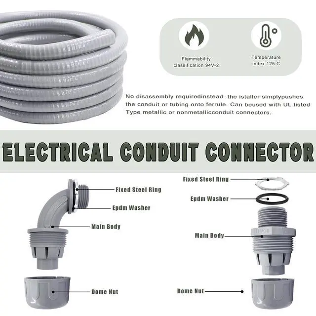 Alt view image 4 of 7 - Liquid-Tight Conduit and Connector Kit - 1/2 Inch 25 FT Non Metallic Liquid Tight Electrical Conduit with 5 Straight and 5 Angle Fittings