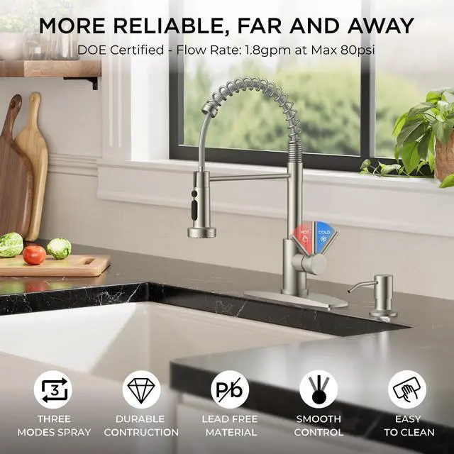 Alt view image 3 of 7 - Kitchen Sink Faucet, Stainless Steel Single Handle, Brushed Nickel | Classic Commercial Kitchen Faucet with 3 Modes Sprayer, Suitable for Outdoor Laundry Rv Bar, with Deck Plate for 1 or 3 holes