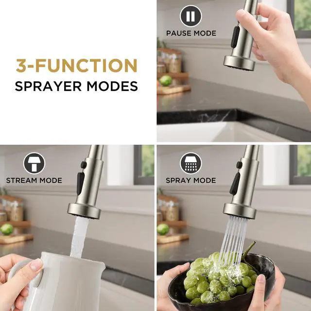 Alt view image 4 of 7 - Kitchen Sink Faucet, Stainless Steel Single Handle, Brushed Nickel | Classic Commercial Kitchen Faucet with 3 Modes Sprayer, Suitable for Outdoor Laundry Rv Bar, with Deck Plate for 1 or 3 holes