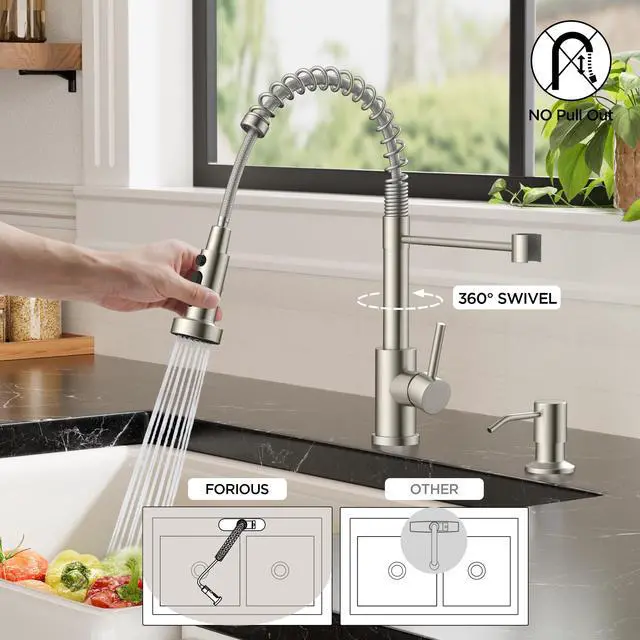 Alt view image 5 of 7 - Kitchen Sink Faucet, Stainless Steel Single Handle, Brushed Nickel | Classic Commercial Kitchen Faucet with 3 Modes Sprayer, Suitable for Outdoor Laundry Rv Bar, with Deck Plate for 1 or 3 holes