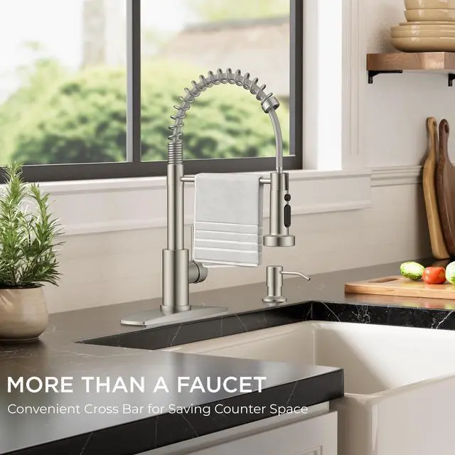 Alt view image 7 of 7 - Kitchen Sink Faucet, Stainless Steel Single Handle, Brushed Nickel | Classic Commercial Kitchen Faucet with 3 Modes Sprayer, Suitable for Outdoor Laundry Rv Bar, with Deck Plate for 1 or 3 holes
