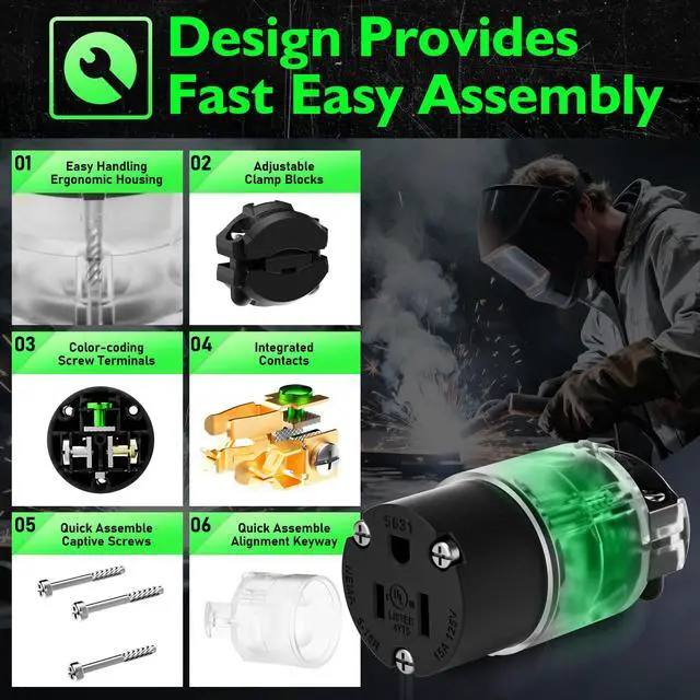 Alt view image 5 of 7 - 5 Set Lighted Extension Cord Ends, 15A 125V Extension Cord Replacement Ends 3 Prong, NEMA 5-15P & 5-15R, Male & Female Repair Kit for Generator, RV, Welding Equipment, UL Listed, Black