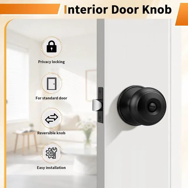Alt view image 2 of 7 - Black Door Knobs for Bedroom Bathroom, Interior Door Knob with Round Ball, Matte Black Privacy Door Knob, 6 Pack