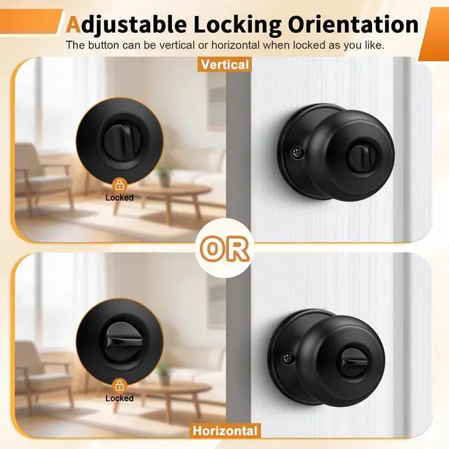 Alt view image 3 of 7 - Black Door Knobs for Bedroom Bathroom, Interior Door Knob with Round Ball, Matte Black Privacy Door Knob, 6 Pack