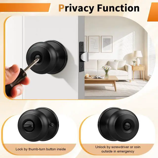 Alt view image 4 of 7 - Black Door Knobs for Bedroom Bathroom, Interior Door Knob with Round Ball, Matte Black Privacy Door Knob, 6 Pack