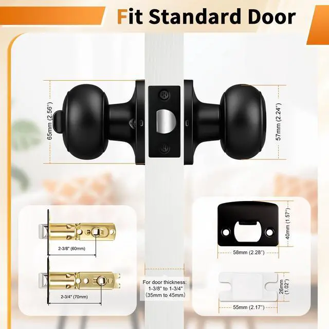 Alt view image 5 of 7 - Black Door Knobs for Bedroom Bathroom, Interior Door Knob with Round Ball, Matte Black Privacy Door Knob, 6 Pack