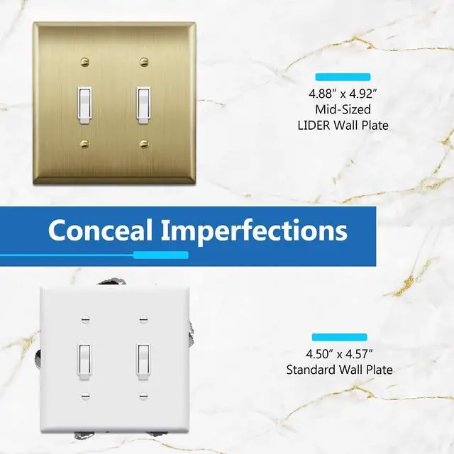 Alt view image 3 of 7 - Toggle Light Switch Metal Wall Plate, Mid-Size 2-Gang 4.88" x 4.92" | Switch Cover, Stainless Steel, Corrosion Resistant, Heat Resistant, Easy Replacement, Brushed Brass, UL Listed