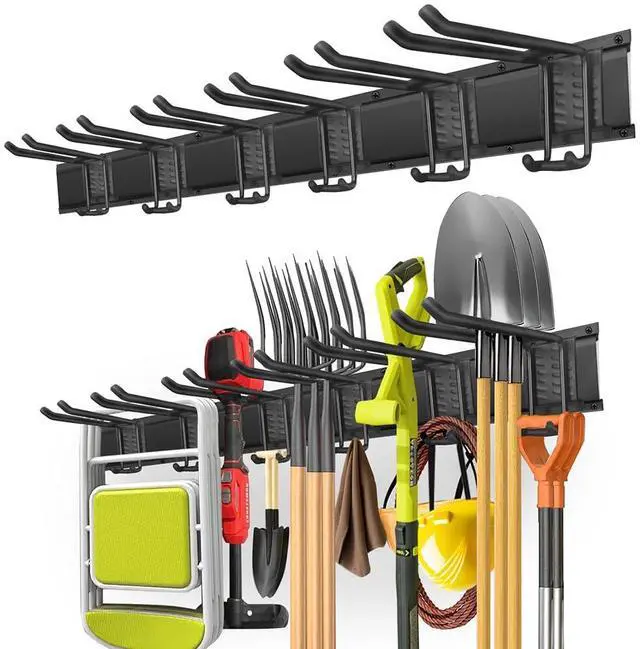 Main image of 48 in Garage Tool Organizer Wall Mount, Adjustable Tool Storage Rack | Heavy-duty 360 LBS, Double-Layer Hooks, Wear & Tear Resistant, Soft Anti-Scratch Hook Sleeves, For Yard Tools, Shovels, Shed