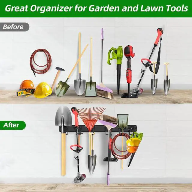 Alt view image 7 of 7 - 48 in Garage Tool Organizer Wall Mount, Adjustable Tool Storage Rack | Heavy-duty 360 LBS, Double-Layer Hooks, Wear & Tear Resistant, Soft Anti-Scratch Hook Sleeves, For Yard Tools, Shovels, Shed
