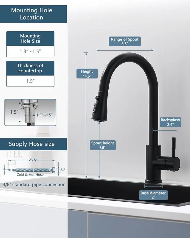 Alt view image 2 of 7 - Black Kitchen Faucet with Pull Down Sprayer | Single Hole Kitchen Sink Faucet Suitable for Farmhouses RV Laundry Room Outdoor and Campers