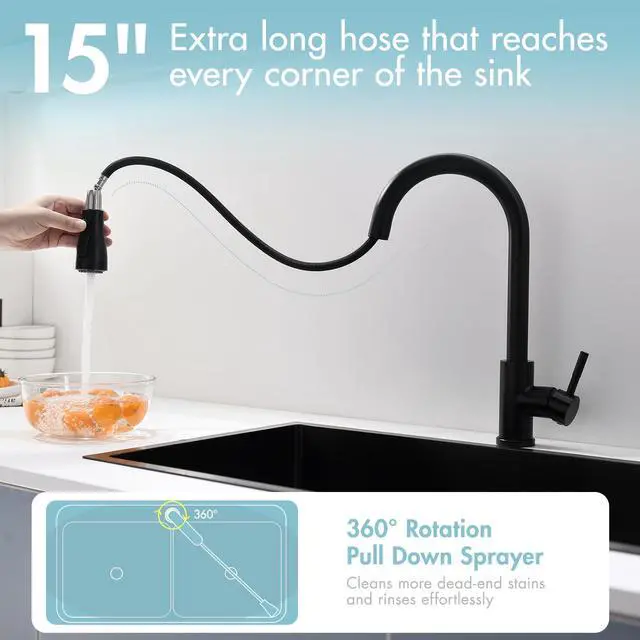 Alt view image 5 of 7 - Black Kitchen Faucet with Pull Down Sprayer | Single Hole Kitchen Sink Faucet Suitable for Farmhouses RV Laundry Room Outdoor and Campers
