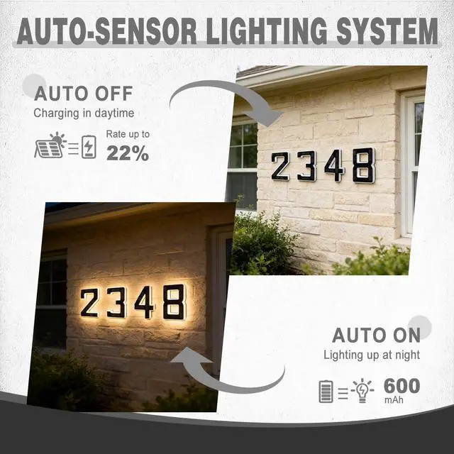 Alt view image 2 of 7 - 6.7 Inch Solar Lighted House Numbers for Outside, LED Backlit Light | Light Up Waterproof LED Address Signs for Houses, Illuminated House Number Light for Yard Porch Outdoor (1-Black, 6.7IN)