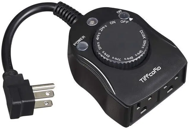 Main image of Outdoor Timer Outlet, Dusk to Dawn Light Sensor Timer Weatherproof, 2 Grounded Outlets for Halloween and Christmas Lights, 15A 1/2HP, ETL Listed